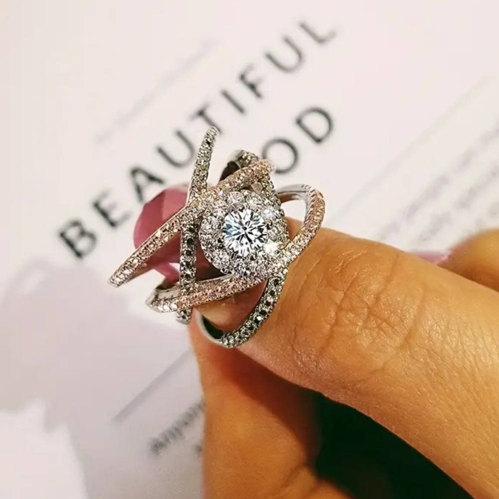 New 925 Sterling Silver and  Rose Gold Criss Cross Ring Simulated Diamond